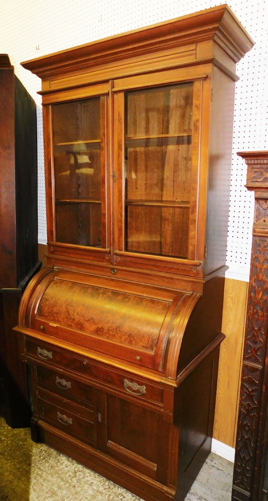 Antique Walnut Victorian Cylinder Roll Secretary (1 of 3)