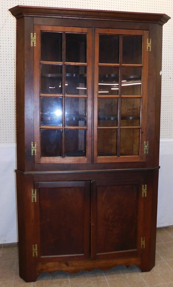 Antique Walnut VA 2 Part 16 Pane Corner Cupboard, (Provenance: Owned by Former VA Governor) (1 of 6)