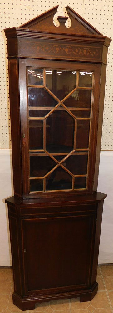 19th Century Diminutive Mahogany Inlaid 2 Part Glass Door Corner Cabinet (1 of 4)