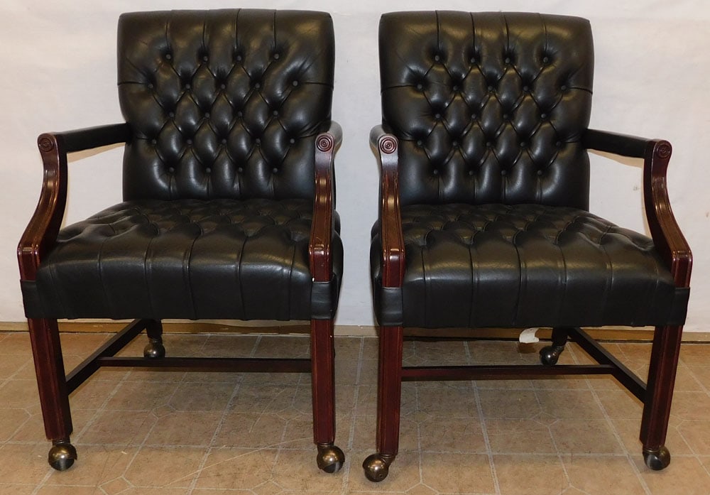 Pair of Cherry & Vinyl Upholstered Button & Tufted Back Arm Chairs (1 of 6)