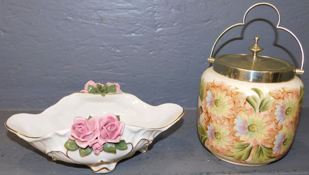 Antique English Hand Painted Porcelain Biscuit Barrel & Dresden Porcelain Bowl (1 of 4)