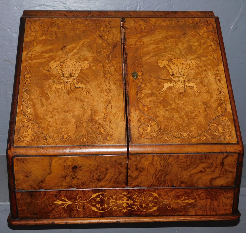 19th Century Burl Walnut Inlaid 2 Door Letter Box (1 of 8)