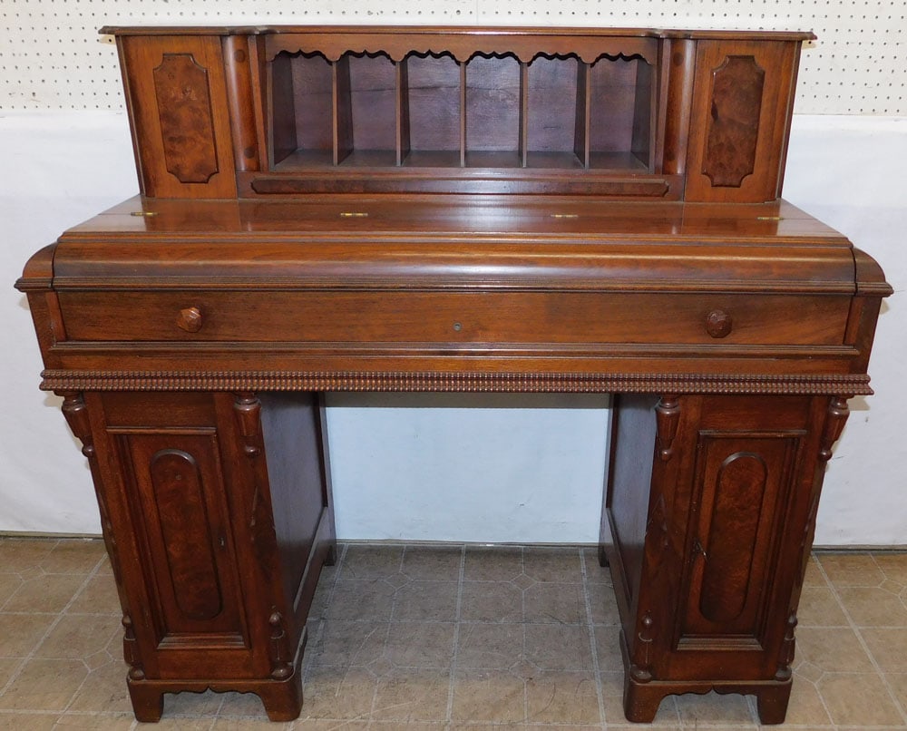 Walnut Victorian Desk: Walnut Victorian Desk . 52" W 23 1/2" D 49" H ALL DESCRIPTIONS AND ANY CONDITION STATEMENT GIVEN BY LANGSTON AUCTION GALLERY ARE STRICTLY OPINIONS AND LANGSTON'S SHALL HAVE NO RESPONSIBILITY FOR ERROR