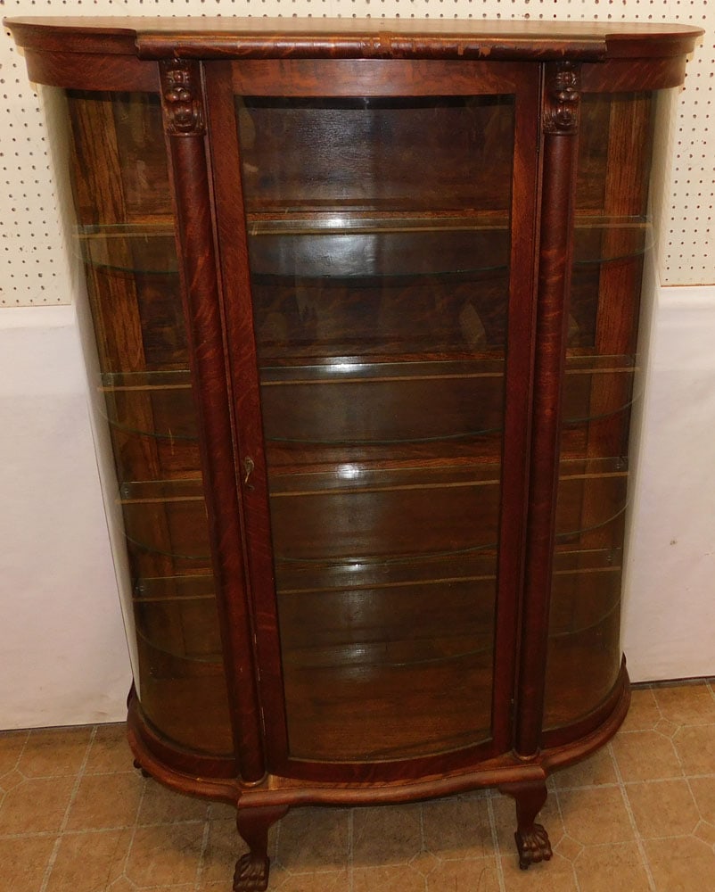 Antique Tiger Oak Bow Front China Cabinet with Carved Lion Heads (1 of 7)