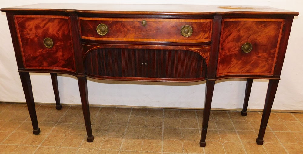 Mahogany & Satinwood Banded Bow Front Sideboard: Mahogany & Satinwood Banded Bow Front Sideboard . 72" W 23 1/4" D 38 1/4" H ALL DESCRIPTIONS AND ANY CONDITION STATEMENT GIVEN BY LANGSTON AUCTION GALLERY ARE STRICTLY OPINIONS AND LANGSTON'S SHALL HA