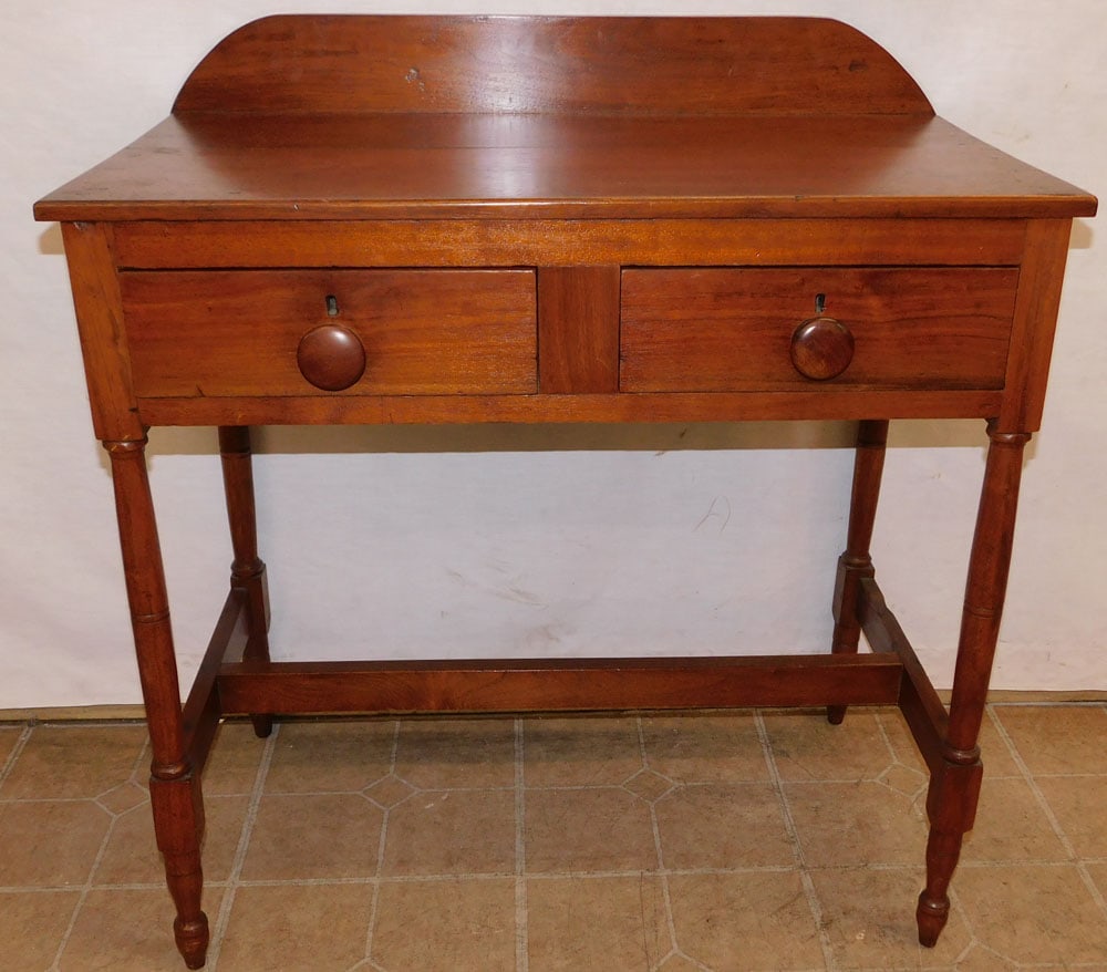 19th Century Walnut 2 Drawer Washstand: 19th Century Walnut 2 Drawer Washstand. 31 1/4" W 17" D 33 1/2" H ALL DESCRIPTIONS AND ANY CONDITION STATEMENT GIVEN BY LANGSTON AUCTION GALLERY ARE STRICTLY OPINIONS AND LANGSTON'S SHALL HAVE NO RESP