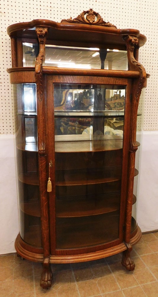 Antique Carved Tiger Oak Bow Front Lion Head China Cabinet (1 of 8)