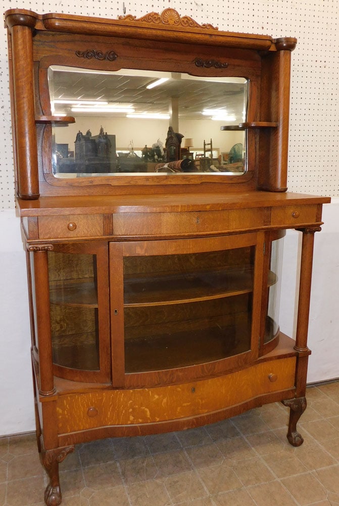 Antique Tiger Oak Mirrored Back Splash Sideboard with Glass Doors (1 of 6)