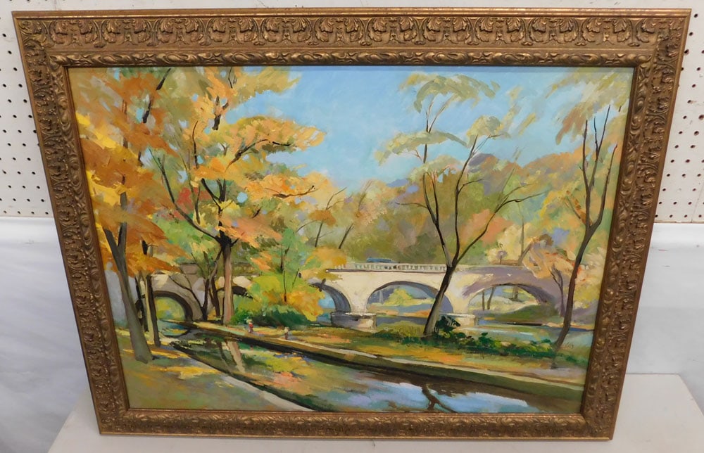 Framed Oil on Canvas Bridge Scene (1 of 5)