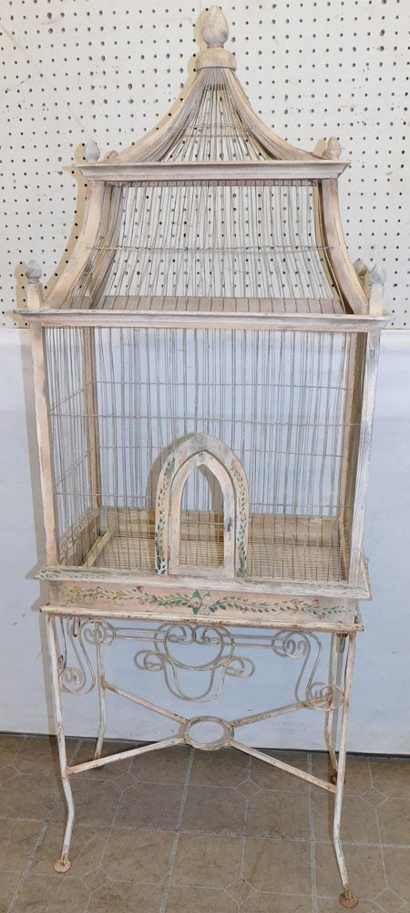 Painted Wire & Wood Bird Cage on Stand (1 of 3)