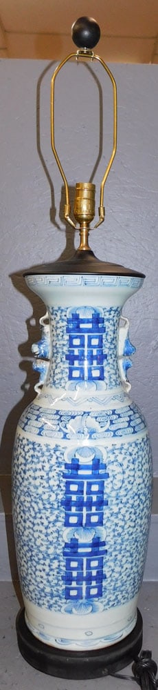 Large Oriental Blue & White Porcelain Vase Made Into Lamp (1 of 4)