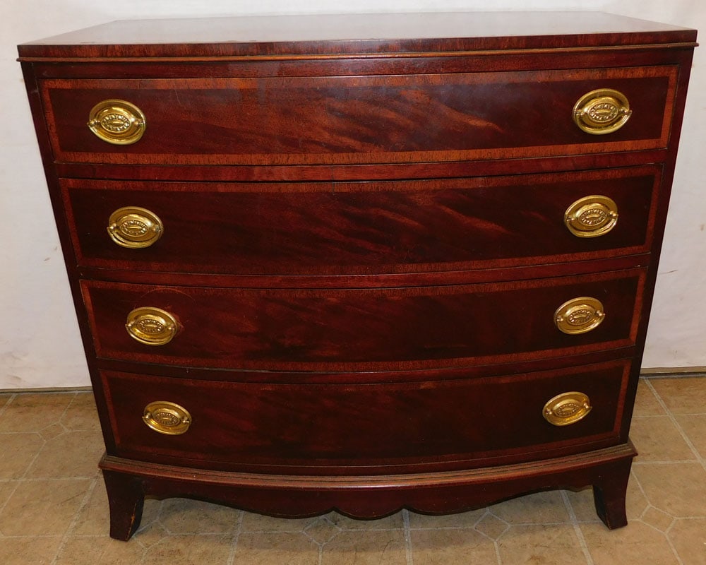 Mahogany & Satinwood Banded 4 Drawer Chest by Fancher Furniture Co.: Mahogany & Satinwood Banded 4 Drawer Chest by Fancher Furniture Co.. 35" W 18" D 33 1/4" H ALL DESCRIPTIONS AND ANY CONDITION STATEMENT GIVEN BY LANGSTON AUCTION GALLERY ARE STRICTLY OPINIONS AND LANG