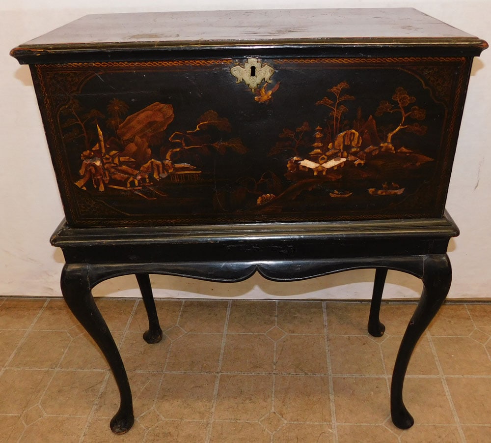 19th Century Black Lacquered Chinoiserie Decorated Box on Stand (1 of 8)