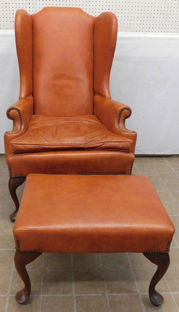 Leather Queen Anne Style Upholstered Wing Back Chair & Ottoman (1 of 6)