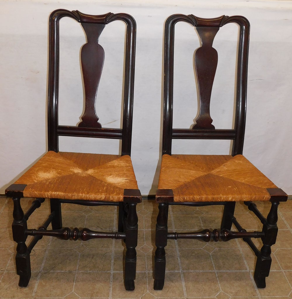 Pair of Antique Walnut & Rush Seat Side Chairs (1 of 6)
