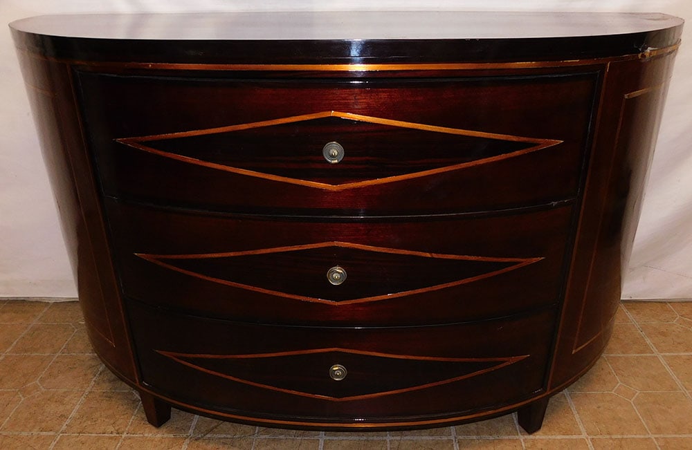 Modern Demi-Lune 3 Drawer Commode: Modern Demi-Lune 3 Drawer Commode . 60" W 24" D 34 1/4" H ALL DESCRIPTIONS AND ANY CONDITION STATEMENT GIVEN BY LANGSTON AUCTION GALLERY ARE STRICTLY OPINIONS AND LANGSTON'S SHALL HAVE NO RESPONSIBILI