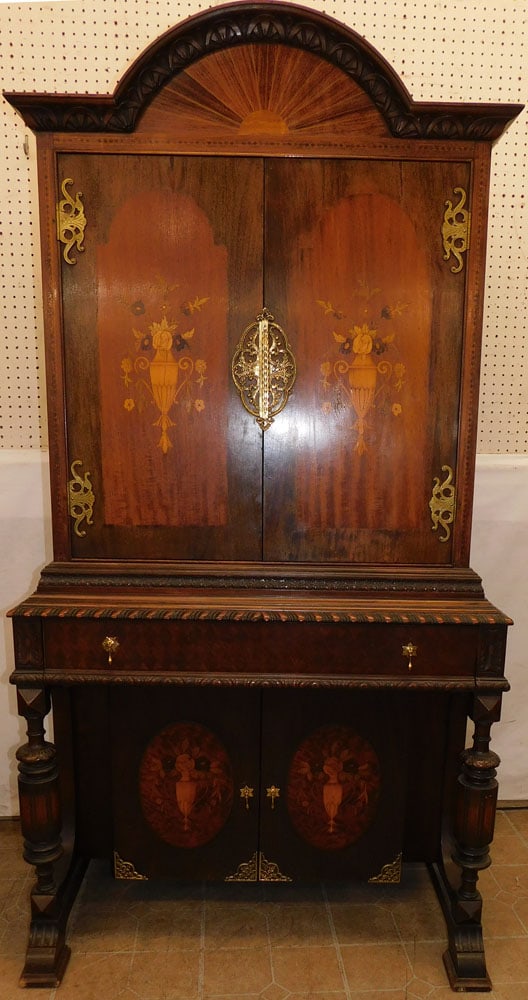 Carved Walnut Inlaid 2 Door Cabinet with Mirrored Bar Interior (1 of 7)