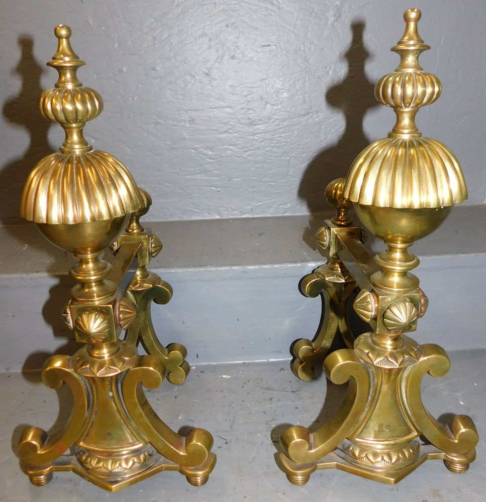 Pair of Brass Andirons: Pair of Brass Andirons. 17 1/2" H ALL DESCRIPTIONS AND ANY CONDITION STATEMENT GIVEN BY LANGSTON AUCTION GALLERY ARE STRICTLY OPINIONS AND LANGSTON'S SHALL HAVE NO RESPONSIBILITY FOR ERRORS OR OMISSIO