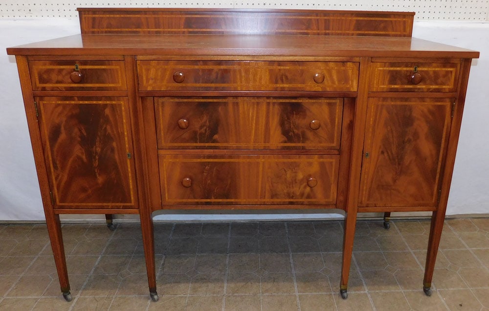 Mahogany Inlaid Sideboard: Mahogany Inlaid Sideboard . 61 3/4" W 25" D 44 1/2" H ALL DESCRIPTIONS AND ANY CONDITION STATEMENT GIVEN BY LANGSTON AUCTION GALLERY ARE STRICTLY OPINIONS AND LANGSTON'S SHALL HAVE NO RESPONSIBILITY F