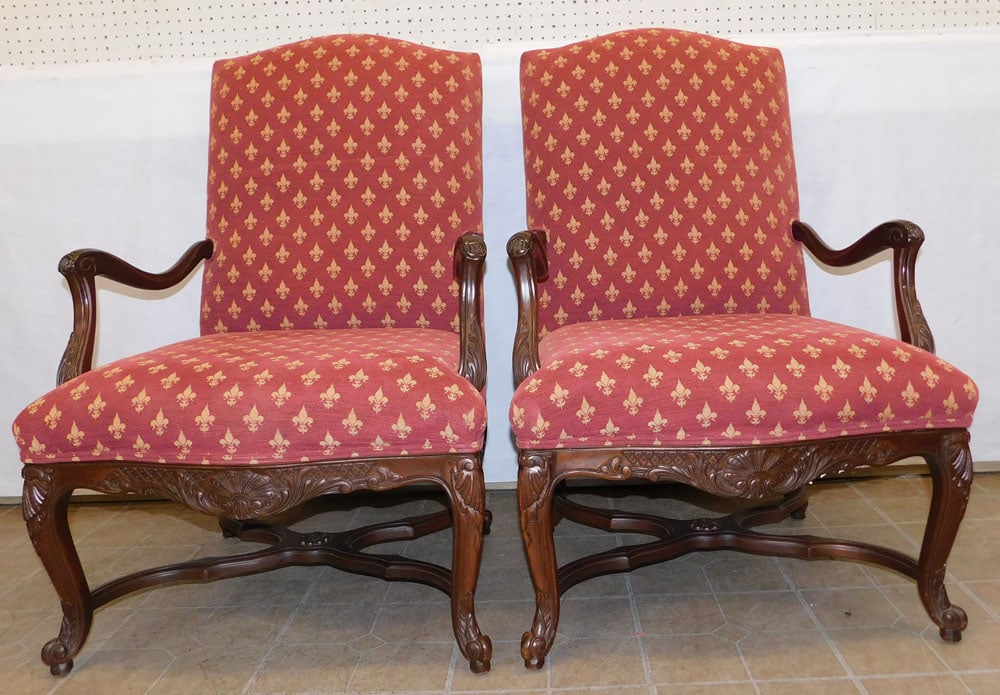 Pair of Carved Walnut & Upholstered Library Chairs (1 of 5)