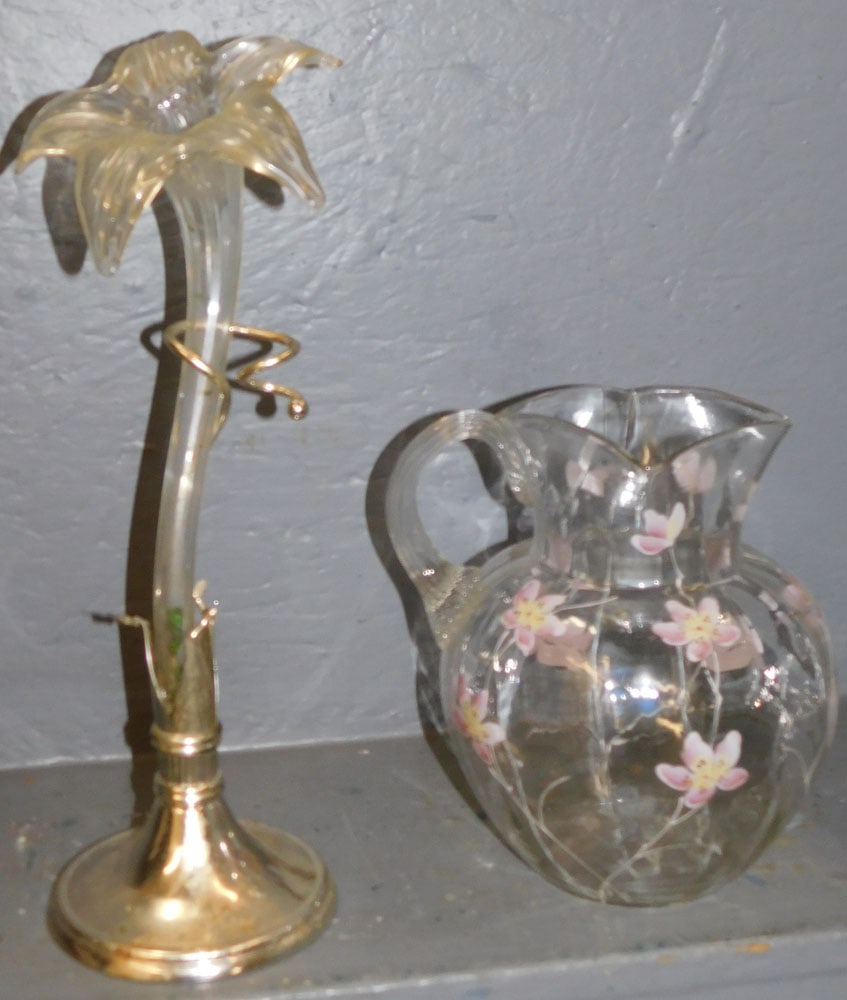 Silverplate Base Glass Epergne & Enameled Glass Pitcher: Silverplate Base Glass Epergne & Enameled Glass Pitcher . 15" H ALL DESCRIPTIONS AND ANY CONDITION STATEMENT GIVEN BY LANGSTON AUCTION GALLERY ARE STRICTLY OPINIONS AND LANGSTON'S SHALL HAVE NO RESPON