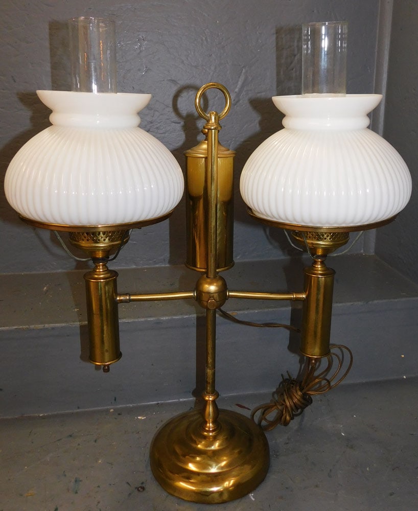 Brass 2 Light Student Lamp With Milk Glass Shades (1 of 4)
