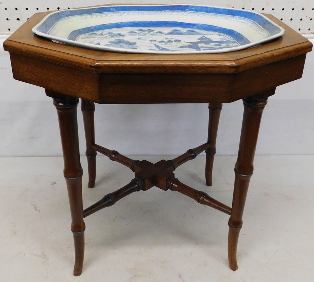 Antique Blue & White Canton Platter Restored on Mahogany Stand (1 of 4)