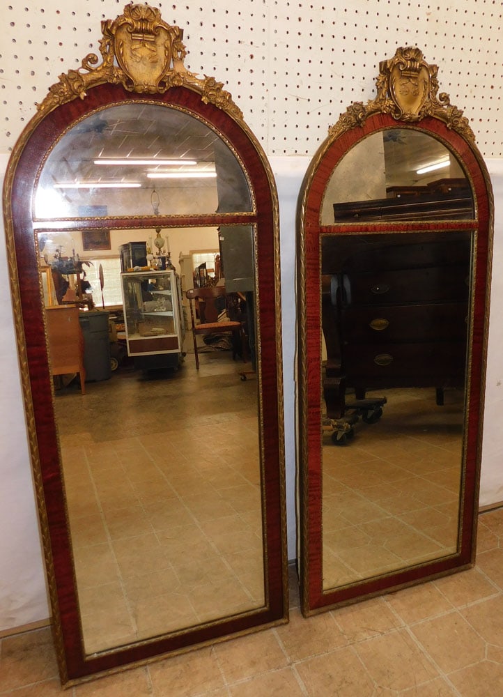 Pair of Gilded & Mahogany Framed Trumeau Mirrors: Pair of Gilded & Mahogany Framed Trumeau Mirrors . 20 1/2" x 53" ALL DESCRIPTIONS AND ANY CONDITION STATEMENT GIVEN BY LANGSTON AUCTION GALLERY ARE STRICTLY OPINIONS AND LANGSTON'S SHALL HAVE NO RESPO