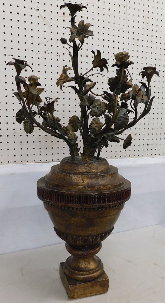 Painted Wood & Bronze Floral 2 Light Candelabra: Painted Wood & Bronze Floral 2 Light Candelabra. 36" H ALL DESCRIPTIONS AND ANY CONDITION STATEMENT GIVEN BY LANGSTON AUCTION GALLERY ARE STRICTLY OPINIONS AND LANGSTON'S SHALL HAVE NO RESPONSIBILITY 