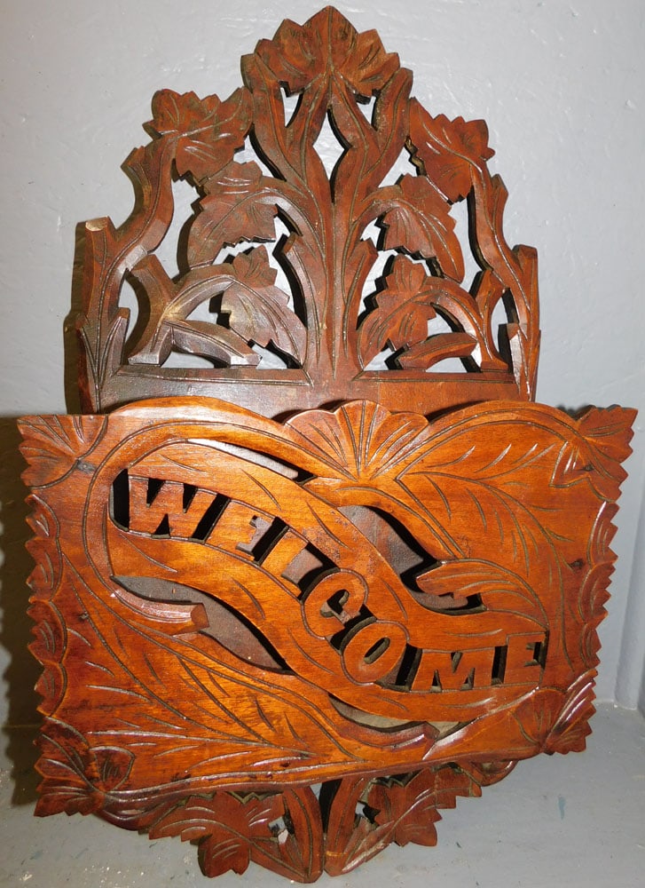 Hanging Carved Walnut Victorian "Welcome" Letter Holder (1 of 4)