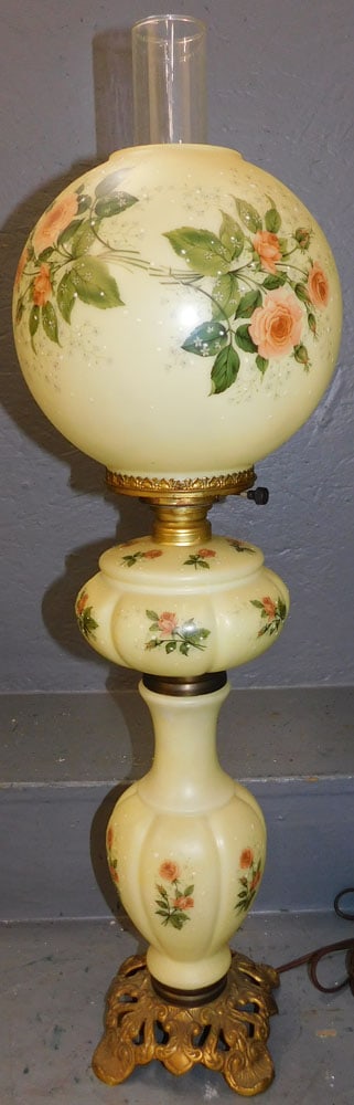 Hand Painted Bristol Glass Banquet Lamp: Hand Painted Bristol Glass Banquet Lamp. 29 3/4" H ALL DESCRIPTIONS AND ANY CONDITION STATEMENT GIVEN BY LANGSTON AUCTION GALLERY ARE STRICTLY OPINIONS AND LANGSTON'S SHALL HAVE NO RESPONSIBILITY FOR 