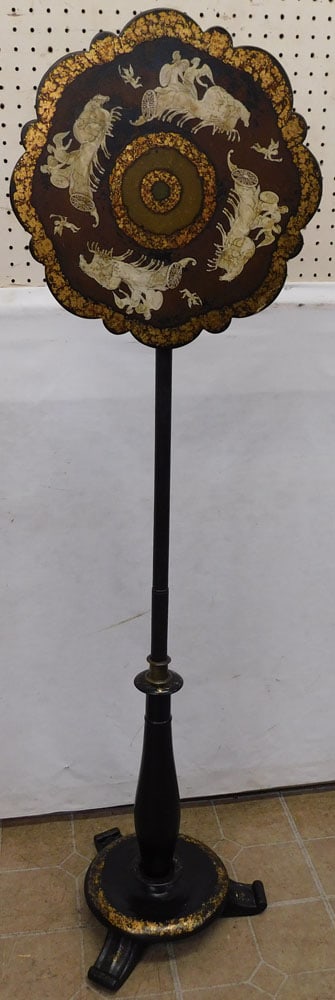 Paint Decorated Black Lacquered Paper Mache Fire Screen (1 of 4)