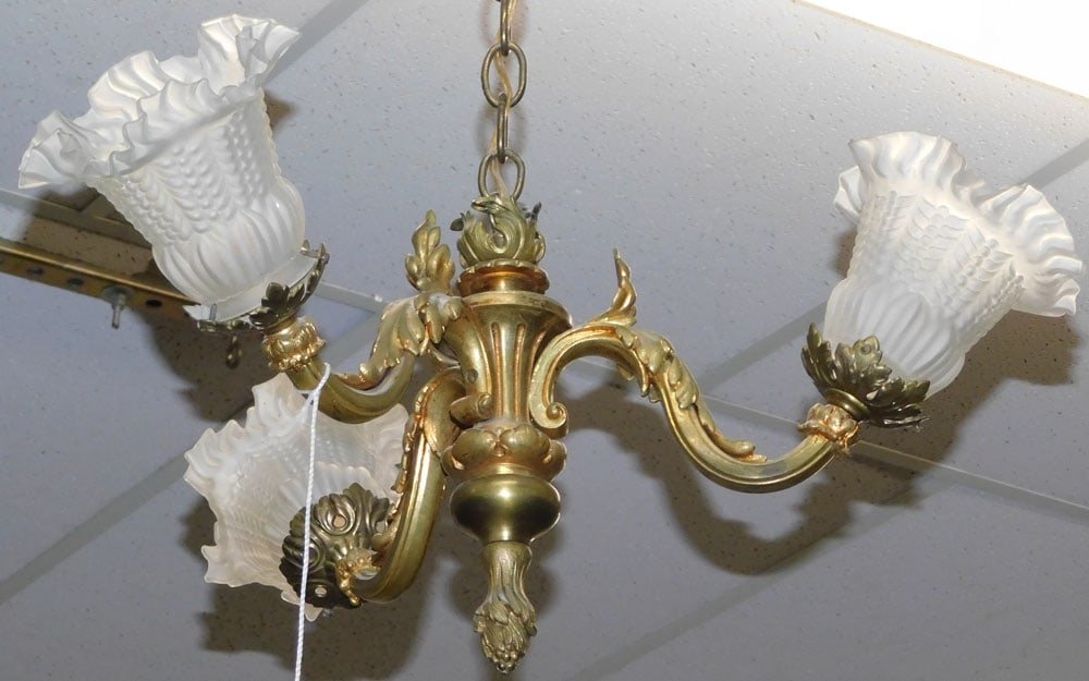 Cast Bronze 3 Light Chandelier With Satin Glass Shades (1 of 3)