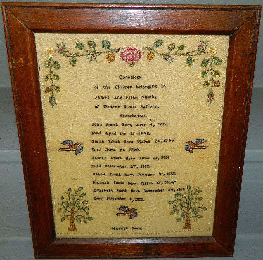 Family tree needlework by Hannah Smith.: Genealogy family tree needlework of signed Hannah Smith. First date is 1799, last date is 1813. 10 3/4" x 12 3/4".