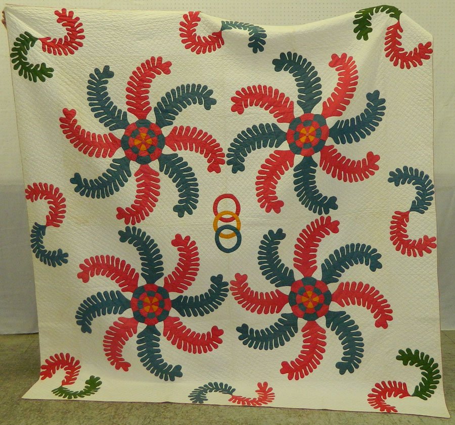 Princes' Feather quilt circa 1860. 72" x 84". : Princes' Feather quilt circa 1860 with friendship circles. 72" x 84".