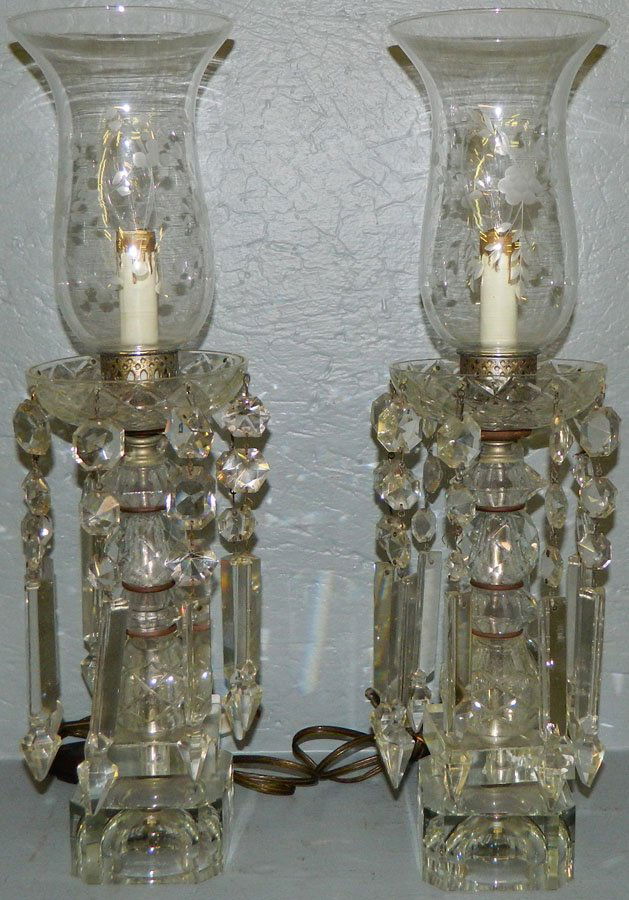 421 Pair of crystal hurricane lamps with prisms.