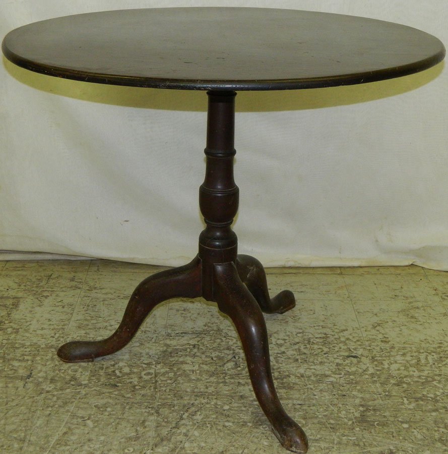 18th c. mahogany Queen Anne tilt top table.: 18th century mahogany Queen Anne tilt top table from a VA estate. Needs restoration. 32 5/8 with the grain, 32 1/4" against the grain.