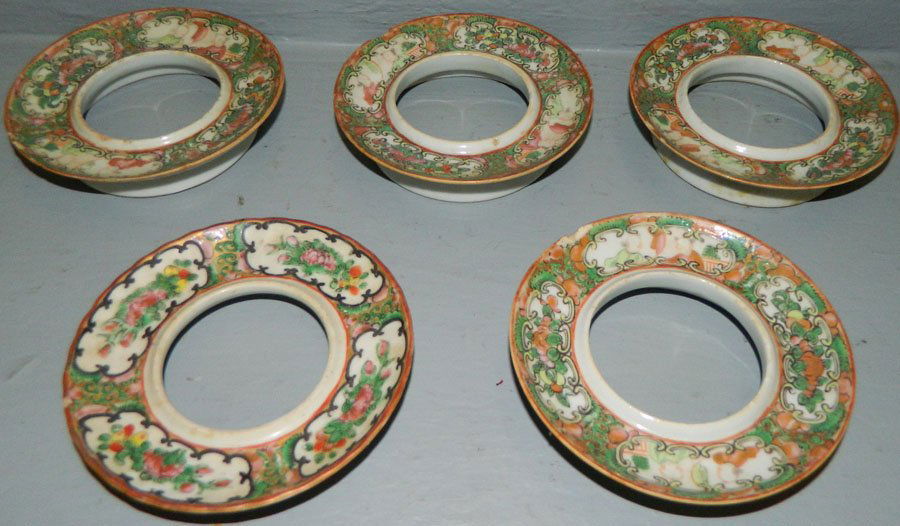 5 Rose Mandarin coasters or cup holders.: (5) Rose Mandarin coasters or cup holders. Some small chips.