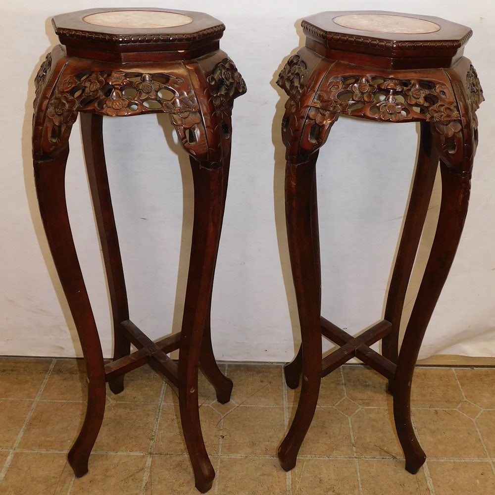 Pair of Oriental Carved Marble Top Plant Stands (1 of 4)