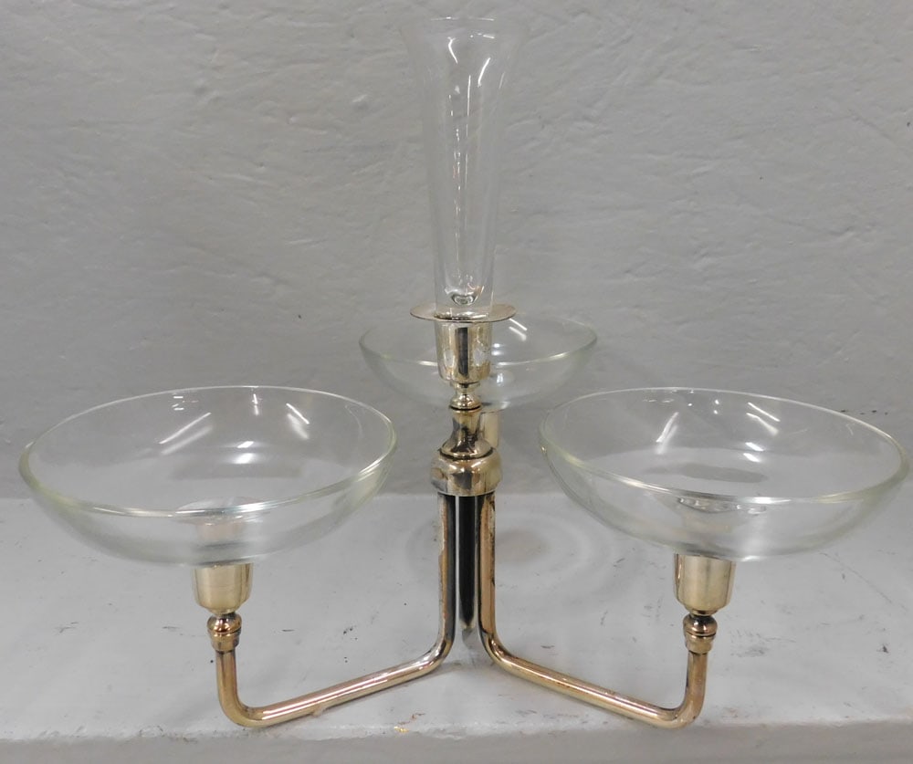 Silverplated & Glass Epergne: Silverplated & Glass Epergne. 11" H ALL DESCRIPTIONS AND ANY CONDITION STATEMENT GIVEN BY LANGSTON AUCTION GALLERY ARE STRICTLY OPINIONS AND LANGSTON'S SHALL HAVE NO RESPONSIBILITY FOR ERRORS OR OMISS