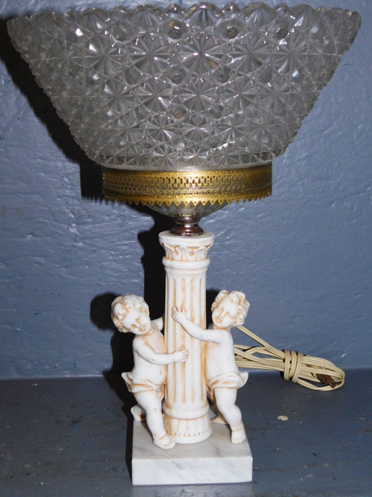 Porcelain Cherub & Glass Lamp with Marble Base (1 of 4)
