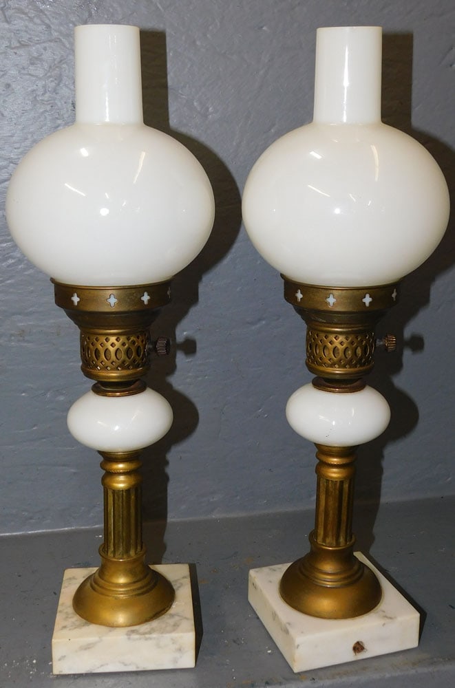 Pair of Bristol Font Brass Lamps with Marble Bases (1 of 3)