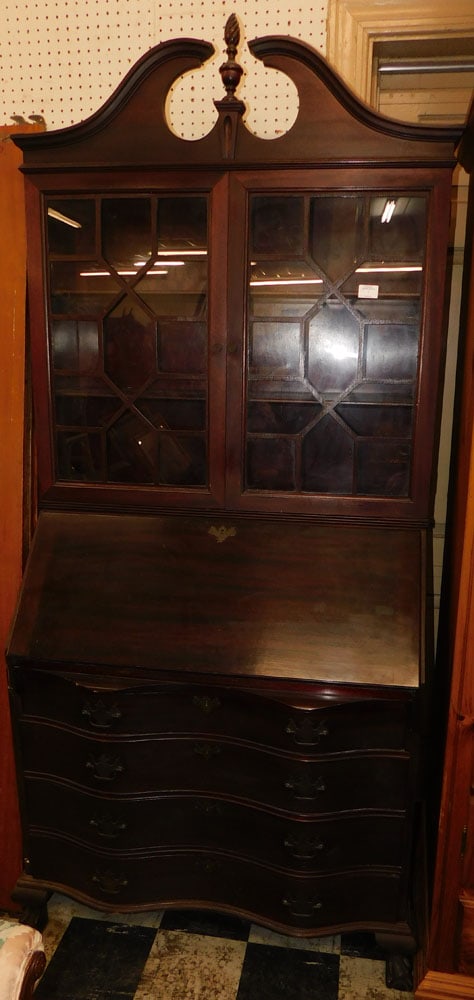 Mahogany Serpentine Front Glass Door Secretary: Mahogany Serpentine Front Glass Door Secretary . 36 1/2" W 19" D 83" H ALL DESCRIPTIONS AND ANY CONDITION STATEMENT GIVEN BY LANGSTON AUCTION GALLERY ARE STRICTLY OPINIONS AND LANGSTON'S SHALL HAVE NO