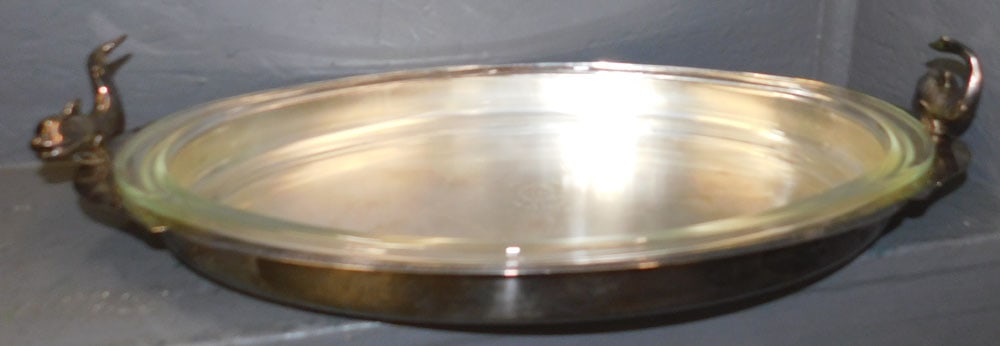 Silverplated & Pyrex Lined Fish Casserole: Silverplated & Pyrex Lined Fish Casserole. 21" x 11 1/4" ALL DESCRIPTIONS AND ANY CONDITION STATEMENT GIVEN BY LANGSTON AUCTION GALLERY ARE STRICTLY OPINIONS AND LANGSTON'S SHALL HAVE NO RESPONSIBILIT
