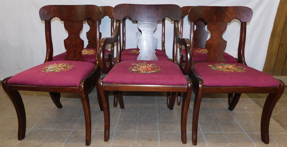 Set of 6 mahogany and needlepoint seat dining chairs: Set of 6 mahogany and needlepoint seat dining chairs. 34" H ALL DESCRIPTIONS AND ANY CONDITION STATEMENT GIVEN BY LANGSTON AUCTION GALLERY ARE STRICTLY OPINIONS AND LANGSTON'S SHALL HAVE NO RESPONSIBI