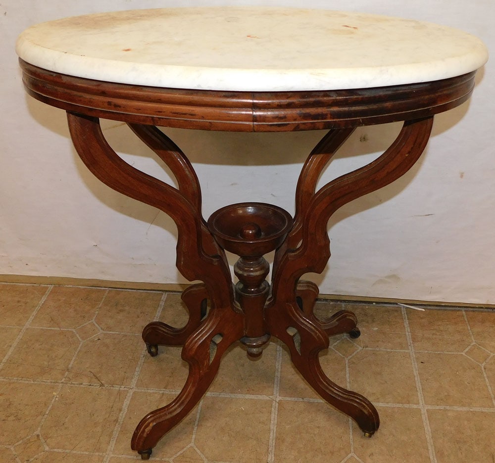 Antique walnut Victorian oval marble top lamp table (1 of 2)