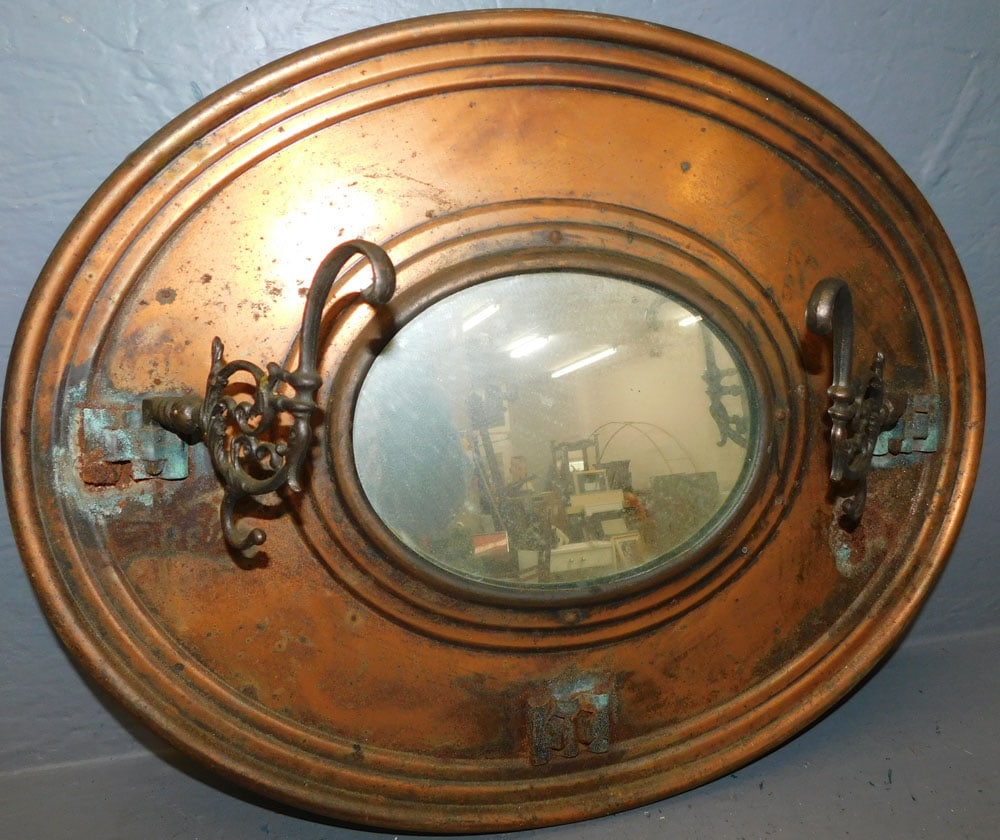 Antique metal mirror hat rack (1 of 3)