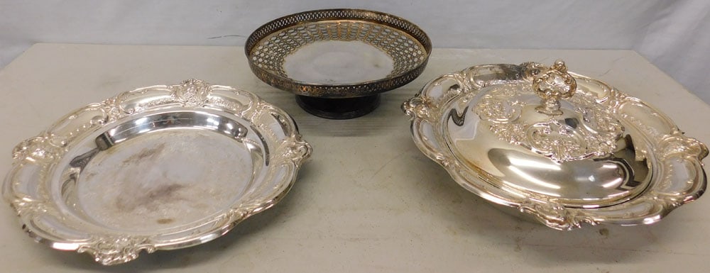 3 pieces of silver plate: 3 pieces of silver plate. Up to 14 1/2" Dia. ALL DESCRIPTIONS AND ANY CONDITION STATEMENT GIVEN BY LANGSTON AUCTION GALLERY ARE STRICTLY OPINIONS AND LANGSTON'S SHALL HAVE NO RESPONSIBILITY FOR ERRORS