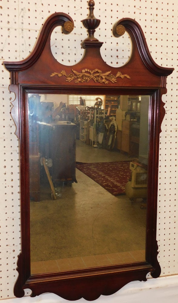 Mahogany Framed Mirror: Mahogany Framed Mirror. 26 1/4" x 46 1/2" ALL DESCRIPTIONS AND ANY CONDITION STATEMENT GIVEN BY LANGSTON AUCTION GALLERY ARE STRICTLY OPINIONS AND LANGSTON'S SHALL HAVE NO RESPONSIBILITY FOR ERRORS OR