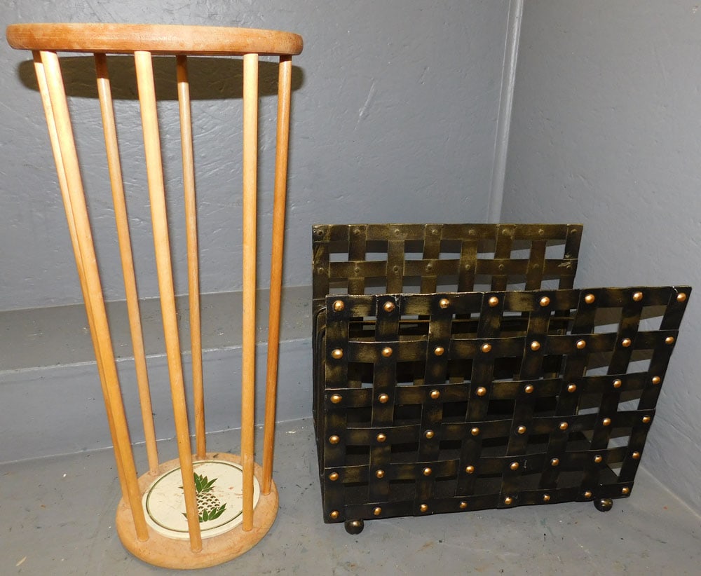Maple Umbrella Stand & Metal Magazine Stand: Maple Umbrella Stand & Metal Magazine Stand. Up to 23" H ALL DESCRIPTIONS AND ANY CONDITION STATEMENT GIVEN BY LANGSTON AUCTION GALLERY ARE STRICTLY OPINIONS AND LANGSTON'S SHALL HAVE NO RESPONSIBILIT